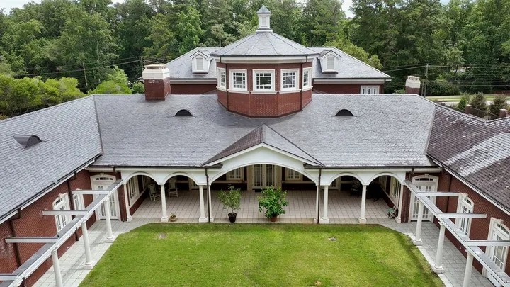 Aerial view of the courtyard, covered walkways and cupola