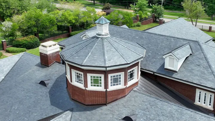 Aerial close-up of the slate roof and octagonal cupola