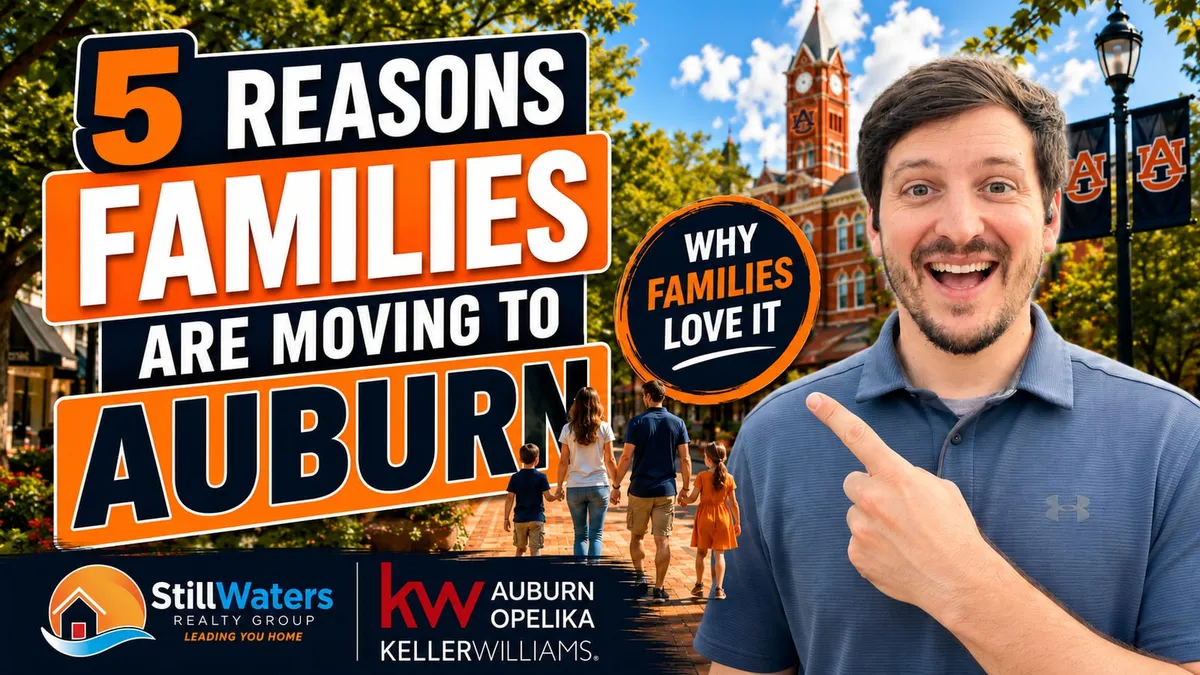 David Knapp pointing to the headline “5 reasons families are moving to Auburn”