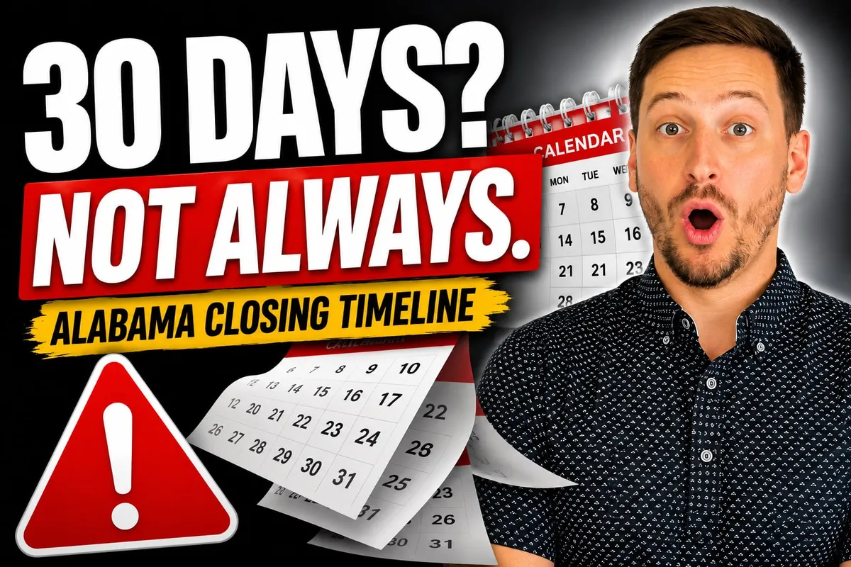 David Knapp beside a calendar and the headline “30 days? Not always. Alabama closing timeline”