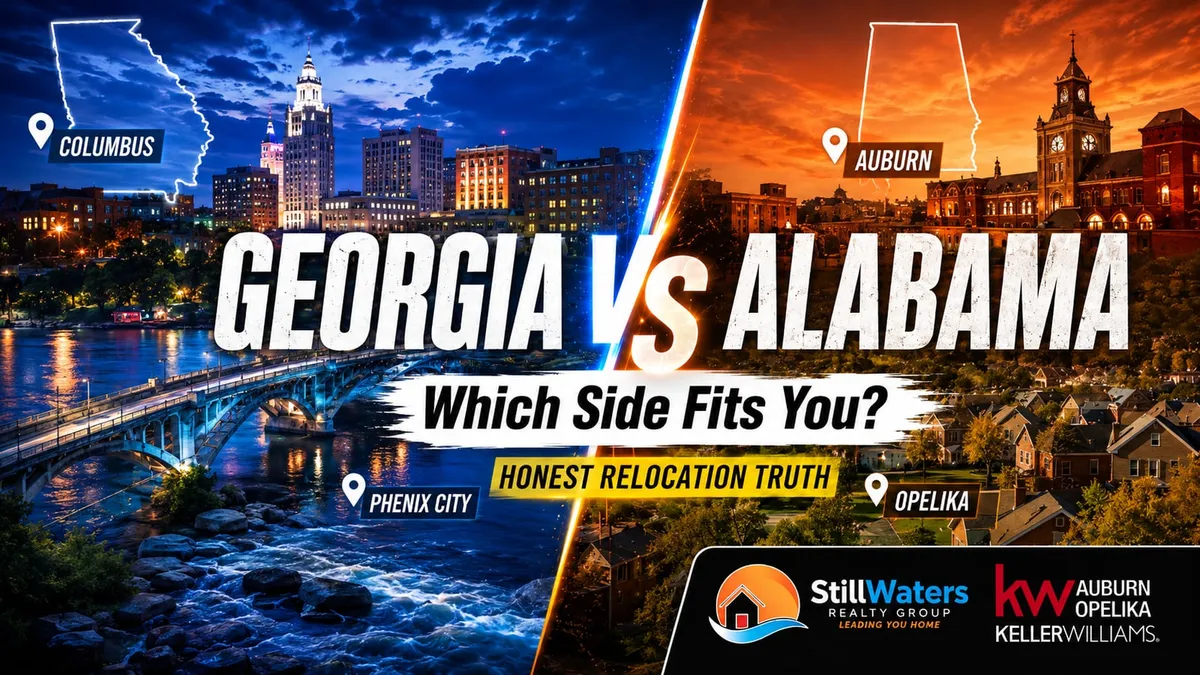Cover graphic “Georgia vs Alabama: which side fits you?” with Columbus and Auburn skylines