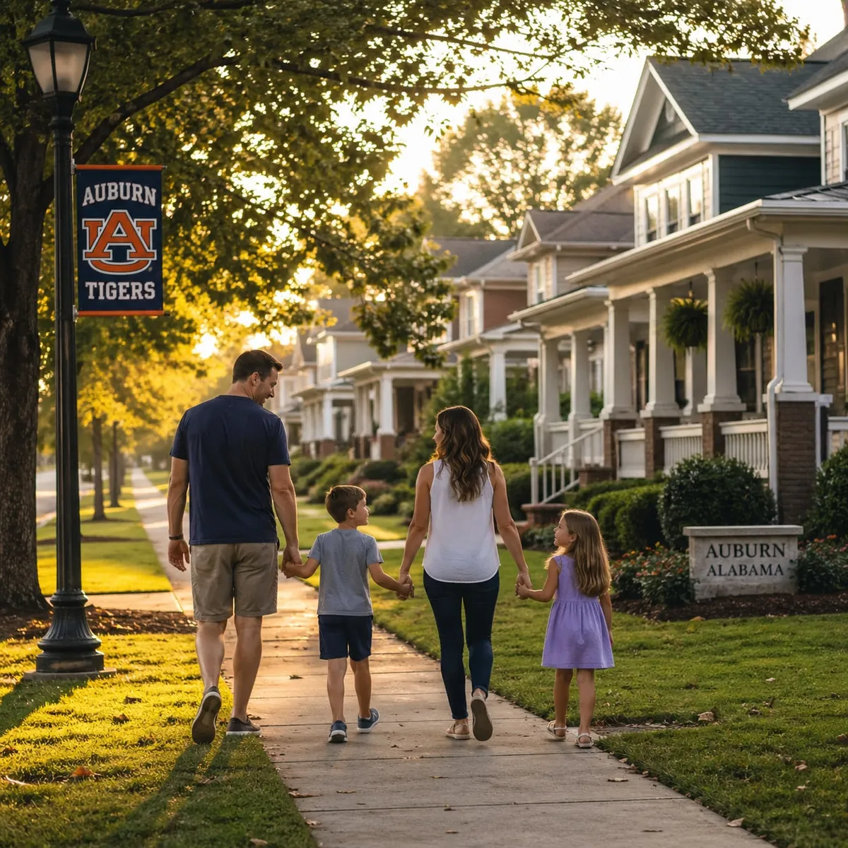 Family of four walking along a tree-lined neighborhood street at golden hour